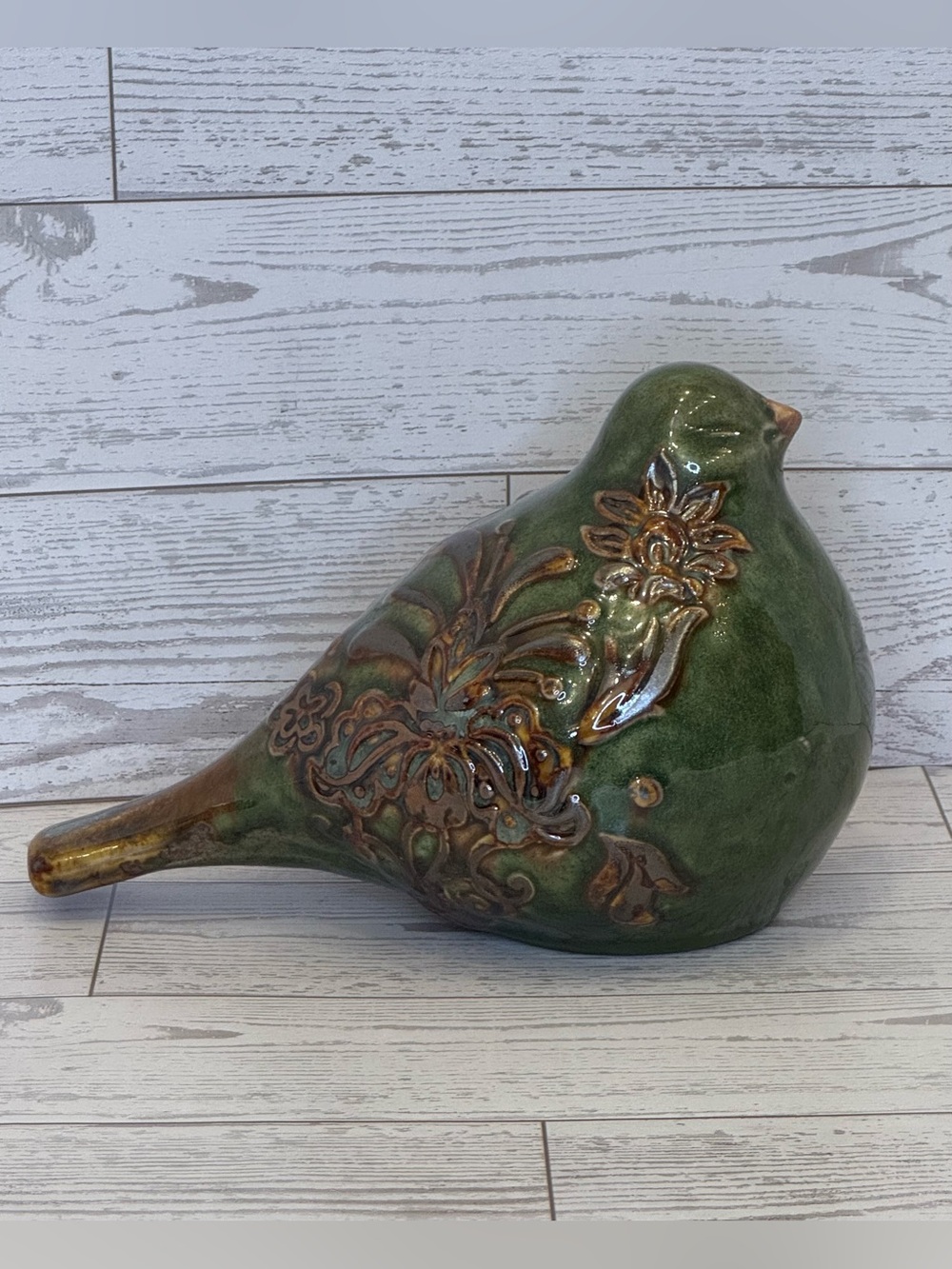 Decorative Large Green Ceramic Bird Figurine with Floral Relief